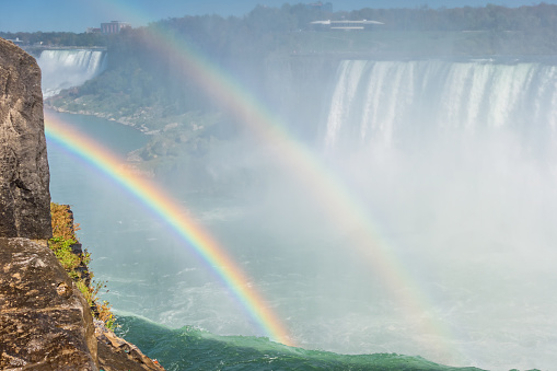 Stock photograph of a double rainbow at Horseshoe Falls in Niagara Falls Ontario Canada on a sunny day.