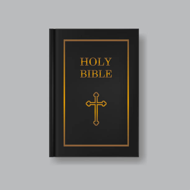 Vector realistic Holy Bible in a black hard cover. Holy Bible in a black hard cover. Realistic closed vertical book template. Religion book mock up isolated on grey background. Vector illustration. bible stock illustrations