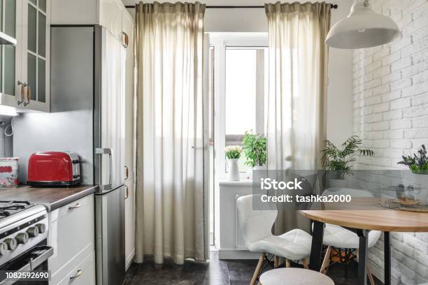 Interior Of The Kitchen In Scandinavian Style Stock Photo - Download Image Now - Small, Kitchen, Apartment