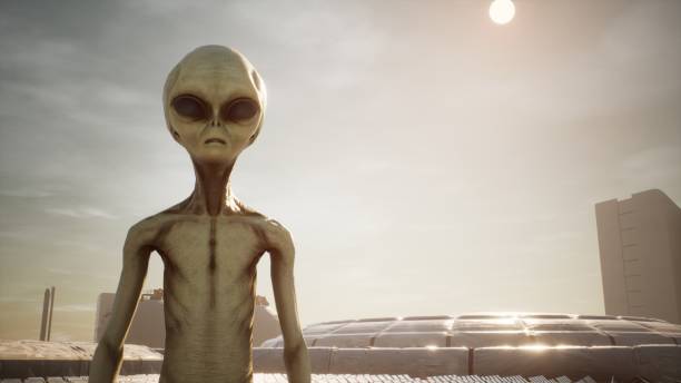 Alien returns to base after inspecting solar panels. Super realistic concept. 3D Rendering