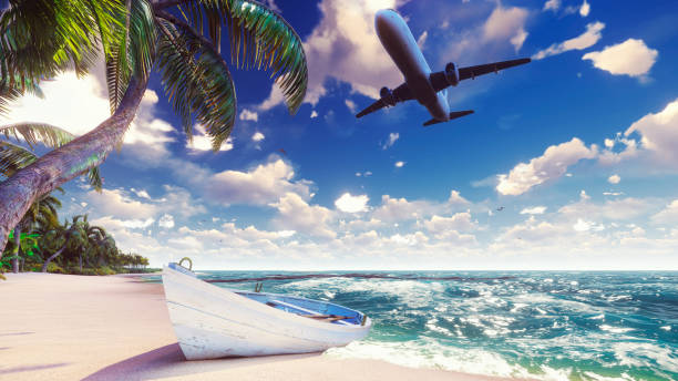 istock A passenger plane flies over an exotic tropical island in the blue ocean. 3D Rendering. 1082598016