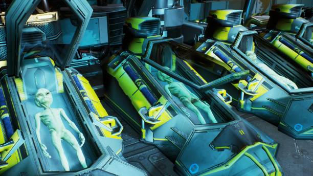 istock A cryogenic hibernation capsule with aliens on a spaceship. 3D Rendering 1082600668