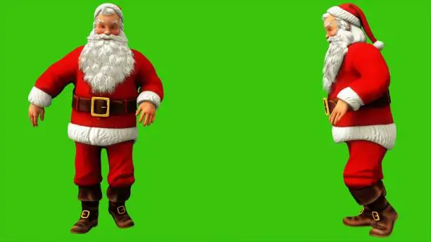 Santa claus walks by moonwalk on green screen during Christmas.