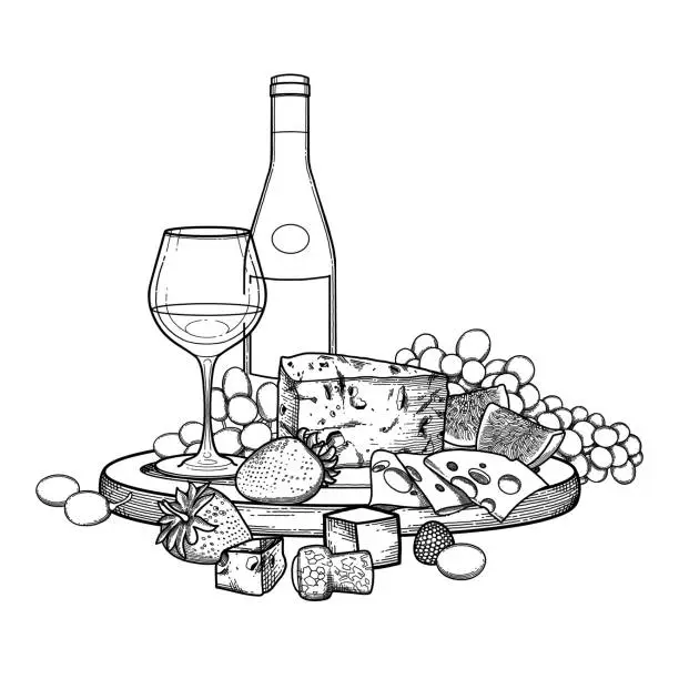 Vector illustration of Graphic wine glass and bottle decorated with delicious food