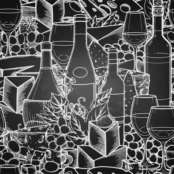 Vector illustration of Graphic glasses of wine, bottles, grapes and cheese.