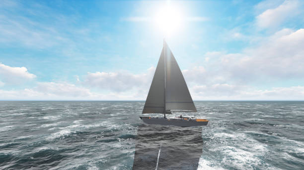istock Yacht sailing on opened sea. Yacht from above. 3D Rendering 1082606854