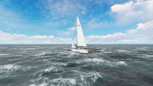 istock Yacht sailing on opened sea. Yacht from above. 3D Rendering 1082606864