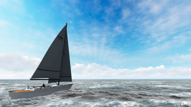 istock Yacht sailing on opened sea. Yacht from above. 3D Rendering 1082606880
