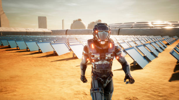 Astronaut martian returns to base after inspecting solar panels. Super realistic concept. 3D Rendering