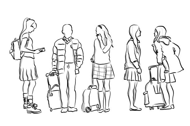 Wait For The Bus School Children Private school students waiting for the bus easy black and white drawing stock illustrations