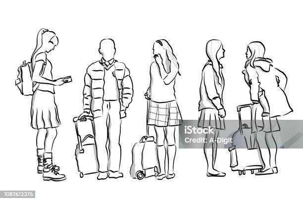 Wait For The Bus School Children Stock Illustration - Download Image Now - Real People, Child, School Uniform