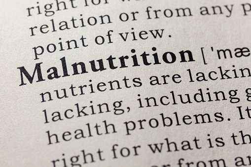 Fake Dictionary, Dictionary definition of the word malnutrition. including key descriptive words.