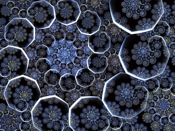 istock Fractal snow flakes. Winter background with snowflakes forming spiral patterns on blue background 1082625834