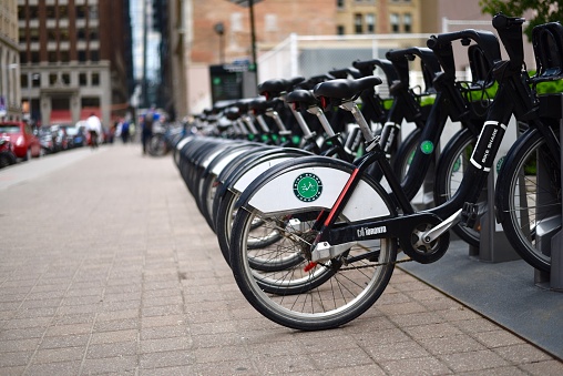 Toronto, Canada - June 5, 2018: Toronto Bike Share rental bicycles lined up in downtown Toronto