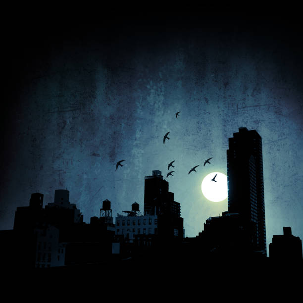 ilustraciones, imágenes clip art, dibujos animados e iconos de stock de oscuridad a la ciudad - city night spooky skyline