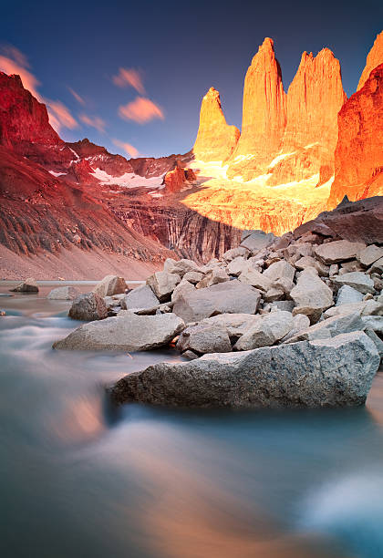 Mirador las Torres the three jagged granite towers in Torres del Paine National Park, Chile.