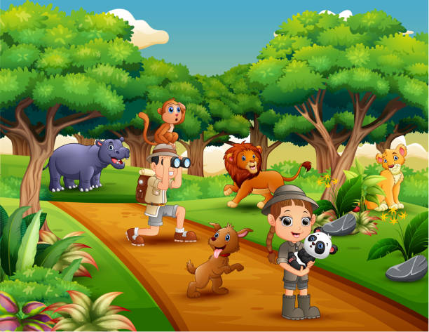 tierpfleger-jungen und mädchen mit tieren im dschungel - tropical rainforest animal cartoon lion stock-grafiken, -clipart, -cartoons und -symbole