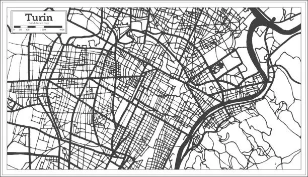 Vector illustration of Turin Italy City Map in Retro Style. Outline Map.