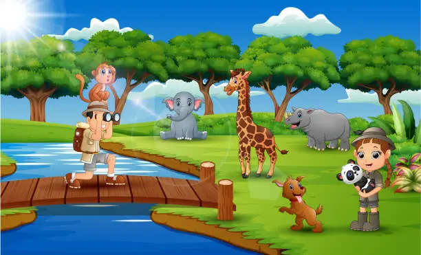 Vector illustration of Cartoon of Zookeeper boy and girl with animal in the jungle