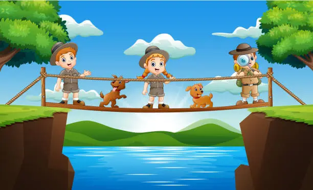 Vector illustration of Three zookeeper standing on a wooden bridge