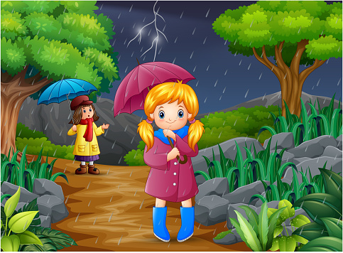 Ilustración de Chica De Dibujos Animados Dos Con Paraguas Bajo La Lluvia En  El Bosque y más Vectores Libres de Derechos de Bosque - iStock