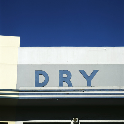South California Architecture and sign, circa 1950s. The building was once housed dry cleaners, now only the \