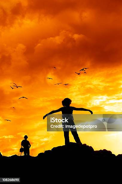 Sagoma Della Persona Con Gli Uccelli Volare - Fotografie stock e altre immagini di Adulto - Adulto, Ambientazione esterna, Ambiente