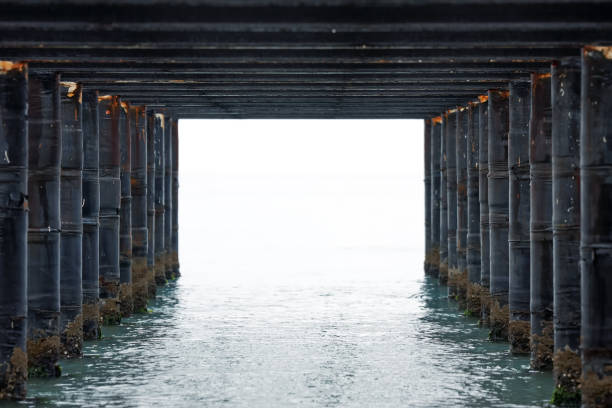 wooden stilts on the beach with entrance, copyspace