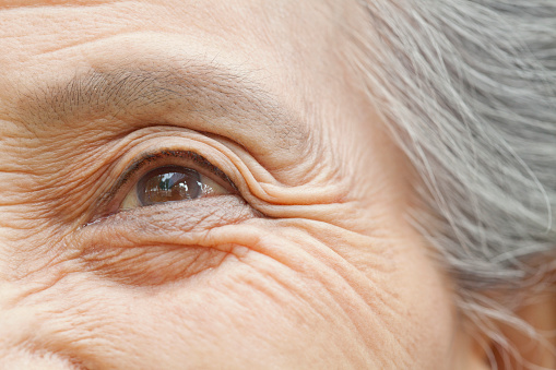 Close up of older Chinese woman’s eye
