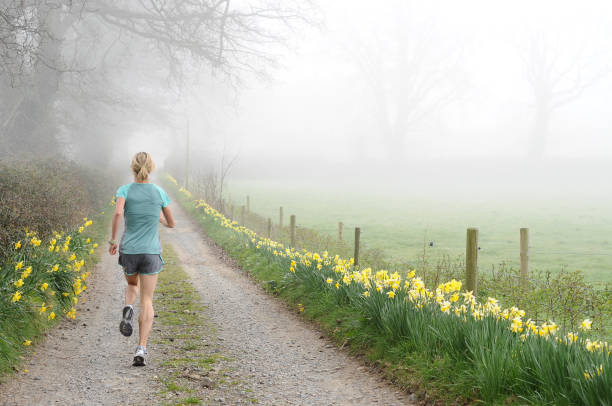 Runner on Foggy Road stock photo