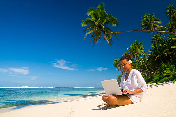 istock Woman using laptop on a tropical beach 108269779