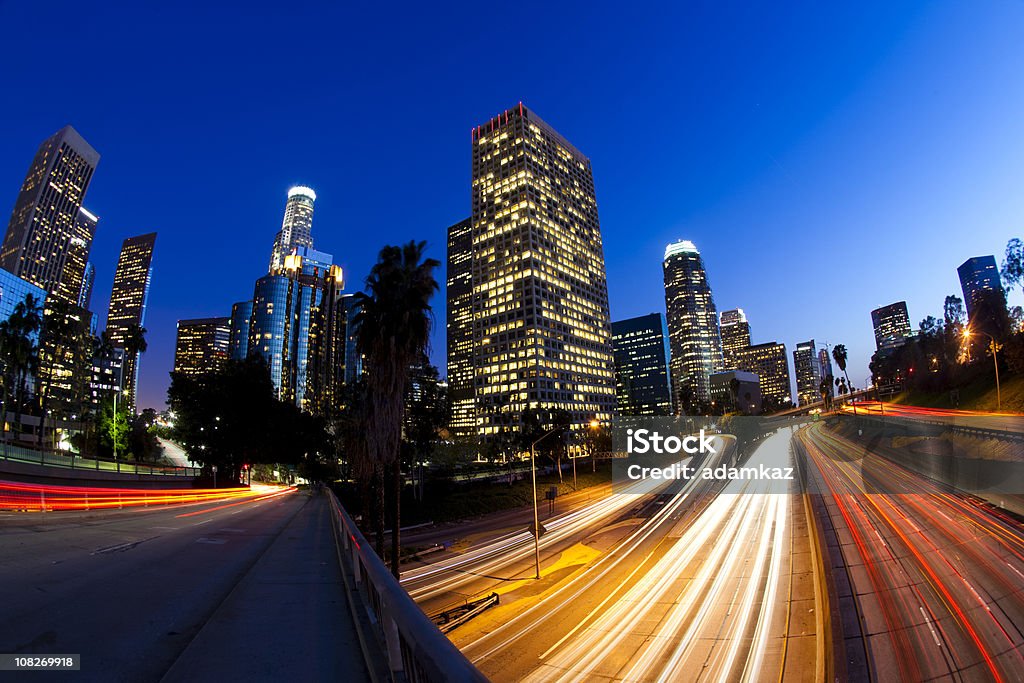 Olho de peixe desfoque de movimento de imagem do centro de Los Angeles à noite - Foto de stock de Hollywood - Califórnia royalty-free