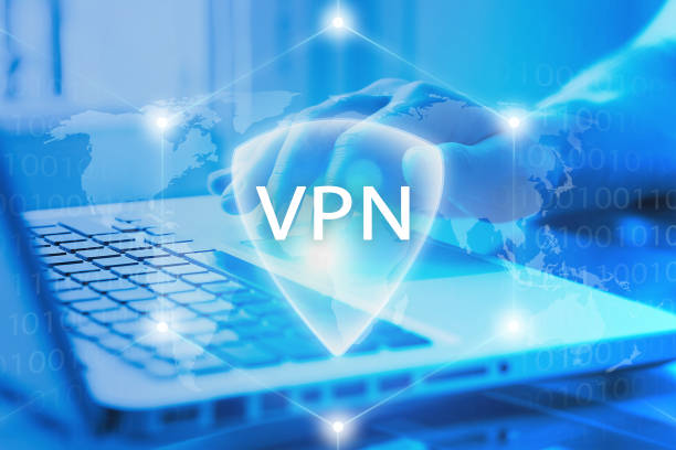 VPN secure access to Internet. Virtual Private network protocol. Cyber security and privacy connection technology. Anonymous access by user to web. stock photo