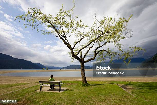 Foto de Mulher Desfrutando De Vista Do Lago Nas Montanhas e mais fotos de stock de Adulto - Adulto, Banco - Assento, Banco de Parque