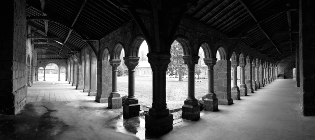 Cloister in the town of Mortain (Normandy, France). Stiched with 5 capture.