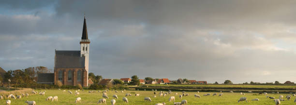 Panorama of Church Den Hoorn, Texel stock photo