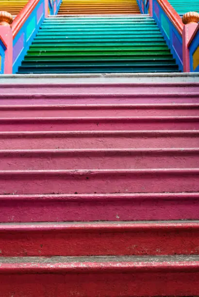 Close up of the colorful staircase which is located at Batu Caves, Kuala Lumpur