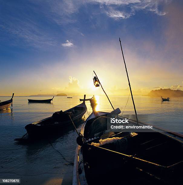 Fishing Boats At Sunrise Stock Photo - Download Image Now - Andaman Sea, Beach, Cloud - Sky