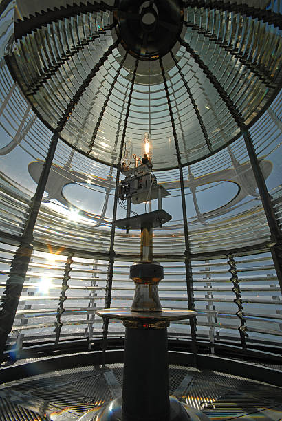 Coastal lighthouse halogen light circular focal glass elements & brass frame close-up