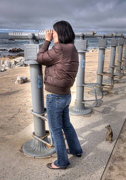 Woman Looking Through Telescope stock photo