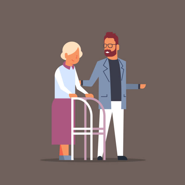 man helping senior woman with walking frame volunteer support caregiver concept flat man helping senior woman with walking frame volunteer support caregiver concept flat vector illustration support borders stock illustrations