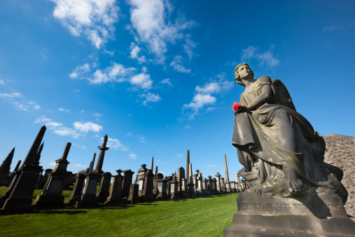 A 19th century granite angel gravestone in Glasgow's Necropolis cemetery against a blue sky and holding a red flower.  The text under her feet is part of a quote from the New Testament: \