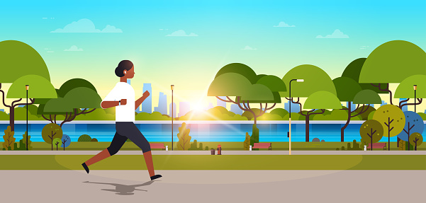 african american woman jogging outdoors modern public park girl headphones running sport activity concept cityscape sunset background horizontal banner flat vector illustration