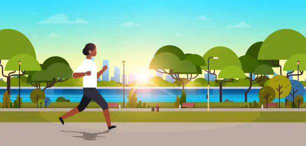 Vector illustration of african american woman jogging outdoors modern public park girl headphones running sport activity concept cityscape sunset background horizontal banner flat