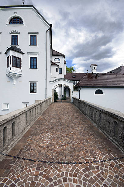 On June 9th 2025, a look of the Seefeld Castle in Bavaria, Germany from the back entrance from the little central square.