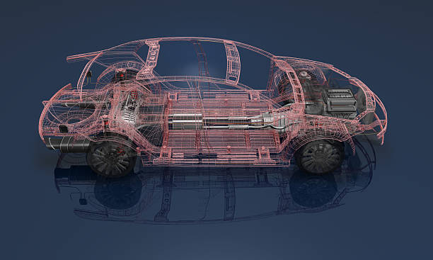 3D render of a wireframe car on a blue background stock photo