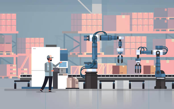 fabrika otomasyon üretim süreci kavramı depo depolama iç yatay üretim konveyör kayışı çizgi robot kontrol adam mühendis eller - fabrika illüstrasyonlar stock illustrations