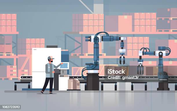 Man Engineer Controlling Conveyor Belt Line Robotic Hands Factory Automation Production Manufacturing Process Concept Warehouse Storage Interior Horizontal Stock Illustration - Download Image Now