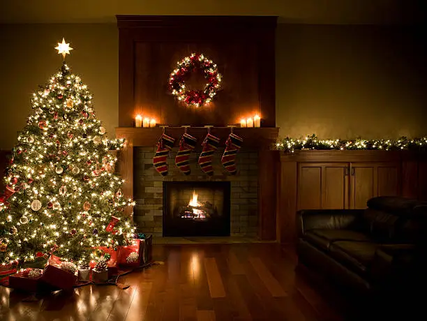 Photo of Adorned Christmas Tree, Wreath, and Garland Inside Living Room, Copyspace