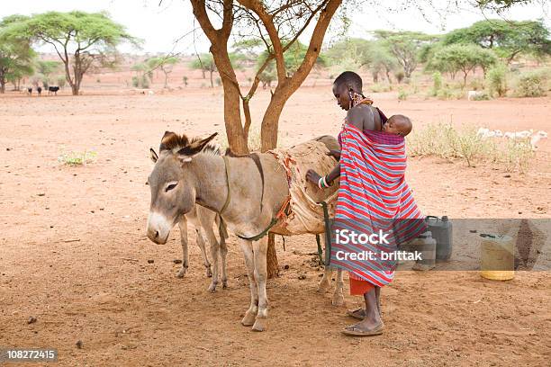 Foto de Jovem Mulher Com Bebê Masai Em Suas Costas Carregando Burro e mais fotos de stock de África